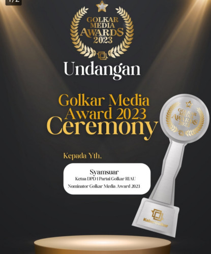 Ketua DPD I Golkar Riau H Syamsuar Masuk Nominator Penerima Golkar Media Award 2023